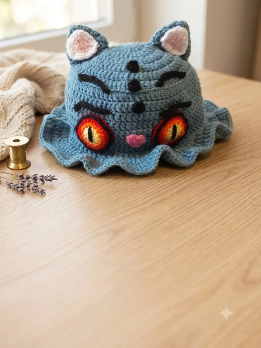 Handmade Crochet Derpy K-Pop Demon Hunter Cat Bucket Hat with Ruffled Brim New
